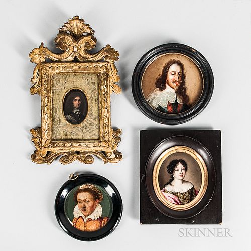 Dutch and English Schools, 16th/17th Century  Four Framed Miniature Portraits: Dark-haired Woman with Pearl Earring (Possibly...