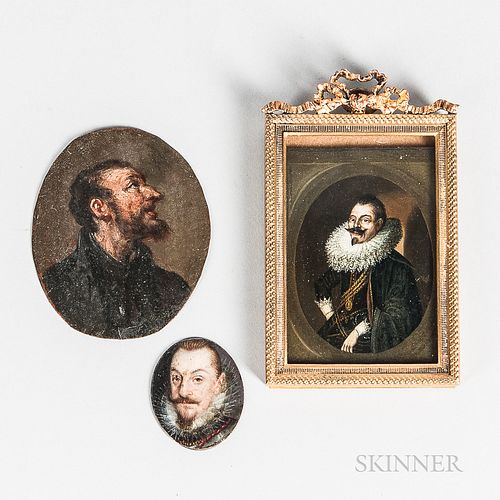 Three Miniature Portraits on Copper:  Attributed to Cornelis de Vos, Seated Portrait of a Man in a Fancy Ruff and Dark Cloak,...