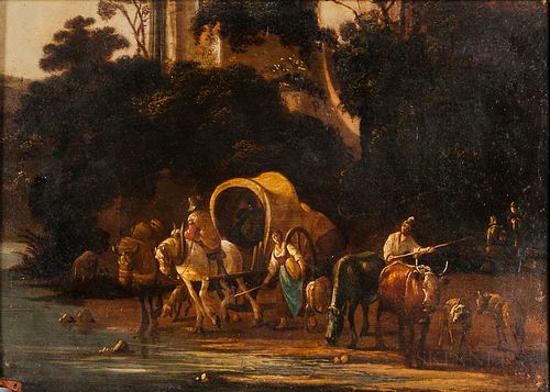 Dutch School, 17th Century      Figures, Livestock, and Covered Wagon Crossing a Stream