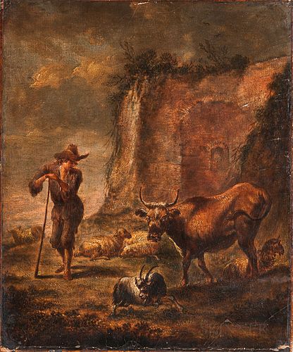 Dutch School, 17th Century      Herdsman with Livestock in a Landscape with Ruins