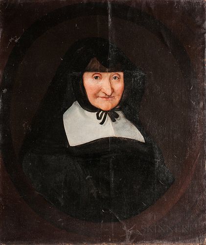 Dutch School, 17th Century      Portrait of an Old Woman in a Flat Collar and Black Hood Tied Beneath Her Chin, in a Painted Oval