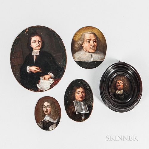 Dutch School, 17th Century      Five Oval Miniature Portraits of Men in Falling Band Collars, One Pointing to a Scroll