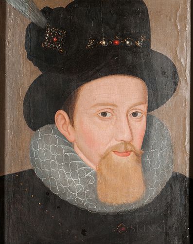 Anglo/Dutch School, Late 16th Century Style, Head of Man in a Feathered Hat with Jeweled Band and Ruff, Possibly Sir Walter Raleigh, Un
