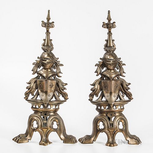 Pair of Heraldic-style Brass Andirons
