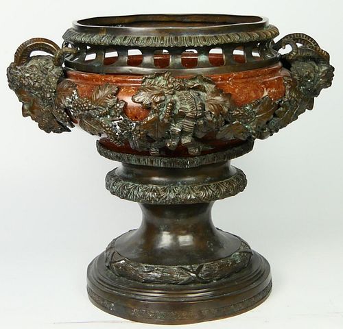LARGE BRONZE & ROUGE MARBLE SATYRS URN