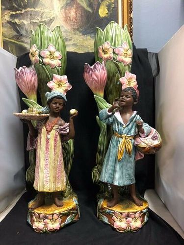 LARGE/TALL UNIQUE PAIR OF MAJOLICA POTTERY VASES WITH  MOORS  25" H