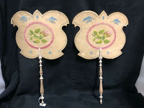 PAIR OF VICTORIAN ENGLISH FIRESIDE LADIES FANS PAINTED WITH EMBROIDERED FLOWERS