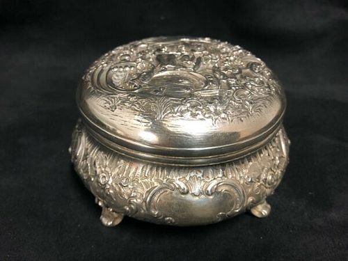 German Dresden 800 Round Silver Repoussé Trinket Box with figures and foliage