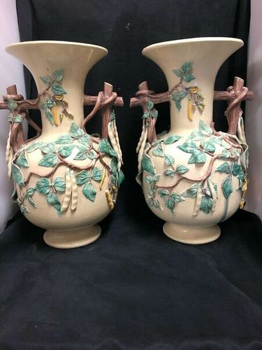 FABULOUS LARGE PAIR OF ST.HONORE FRENCH POTTERY BEAN VASES 16.5" INCHES H