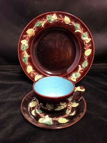 ANTIQUE MAJOLICA 3 PIECE CUP AND SAUCER AND DESSERT PLATE-UNMARKED