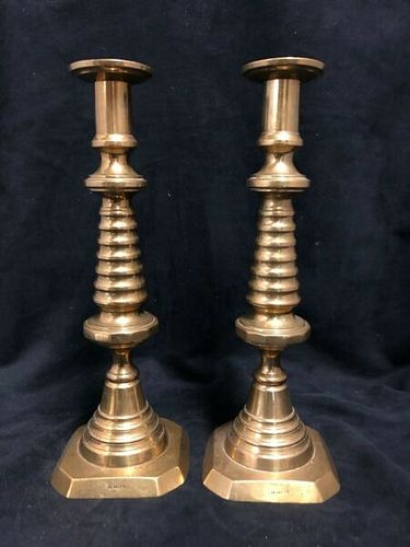 PAIR OF MID - 19TH CENTURY BRASS CANDLE STICKS BEEHIVE DESIGN