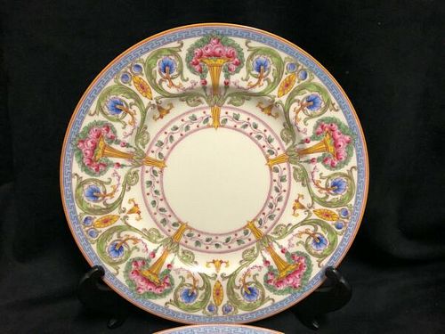 4 festive Royal Worcester Z698/2 Dinner Plate Yellow Urn with pink roses-greek