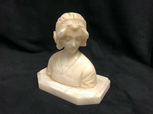 Small  Italian carved Alabaster Bust of a young lady wearing a bonnet