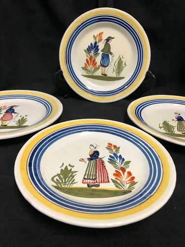 SET OF 4 HENRIOT QUIMPER FRENCH FAIENCE/POTTERY PLATES