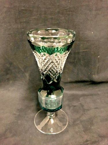 A val St. Lambert Green and Clear cut crystal vase signed