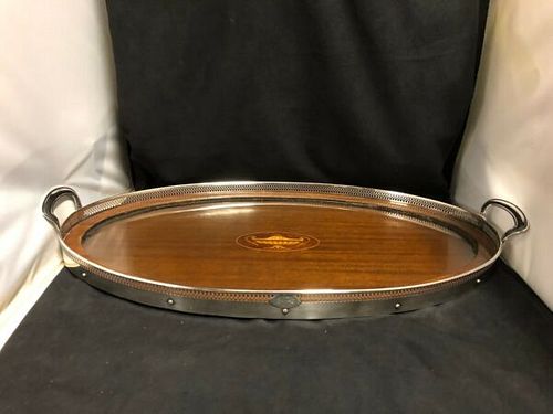 CANADIAN RODEN BROS STERLING AND INLAID WOODEN TRAY C.1910