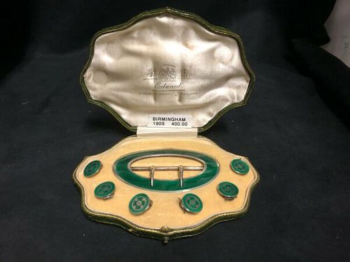 STERLING SILVER AND GREEN ENAMEL BELT BUCKLE AND BUTTONS BIRMINGHAM 1909