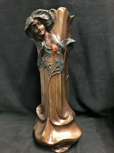 SIGNED ART NOUVEAU BRONZE VASE WITH PRETTY MAIDEN AND FLOWER DESIGN C.1900