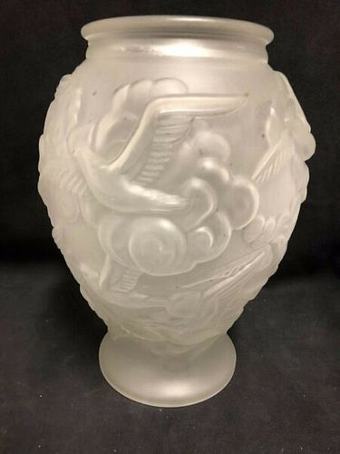 ART DECO FROSTED GLASS VASE MARKED CZECHOSLOVAKIA DESIGNED WITH BIRDS