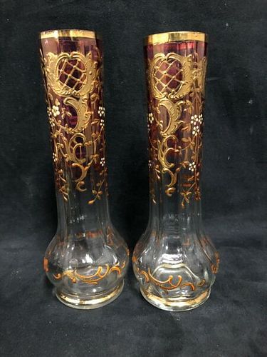 Fine pair of Antique hand painted & enameled bud vases 7"