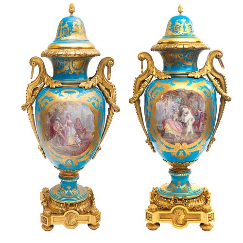 A PAIR OF MONUMENTAL FRENCH SEVRES STYLE ORMOLU-MOUNTED PORCELAIN VASES, LATE 19TH CENTURY