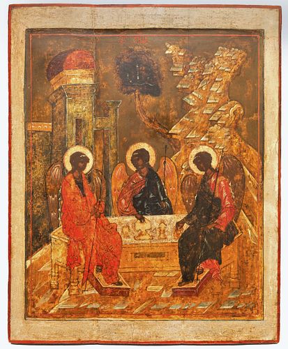 A LARGE RUSSIAN ICON OF THE HOLY TRINITY, CENTRAL RUSSIA, MID-16TH CENTURY