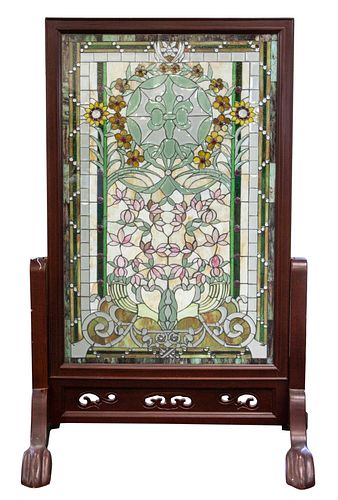 A CONTEMPORARY STAINED GLASS SCREEN WITH WOODEN FRAME
