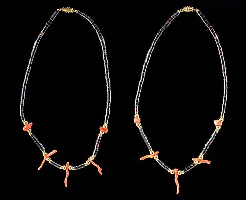 20th C. Native American Navajo Wood, Coral Necklaces