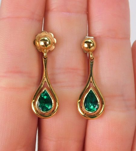 18K Gold Channel Set Pear Shape Emerald Earrings