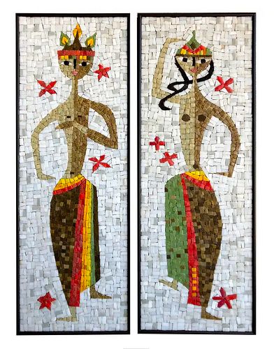 Jerome and Evelyn Ackerman Pair of Balinese Dancer Glass Tile Mosaic Wall Panels