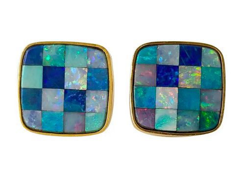 1960s Opal Mosaic 14 Karat Gold Modernist Cufflinks