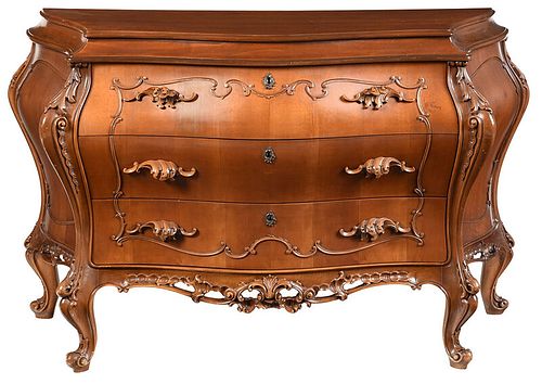 Rococo Style Carved Fruitwood Bombe Commode