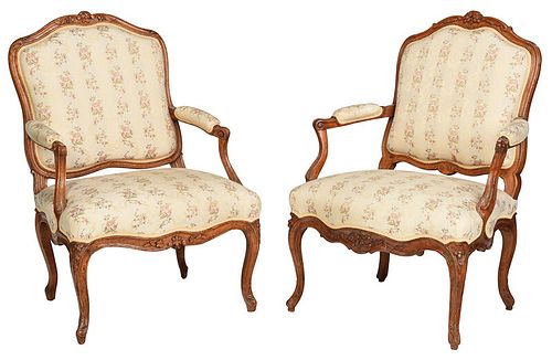 Pair Provincial Louis XV Beechwood Armchairs
