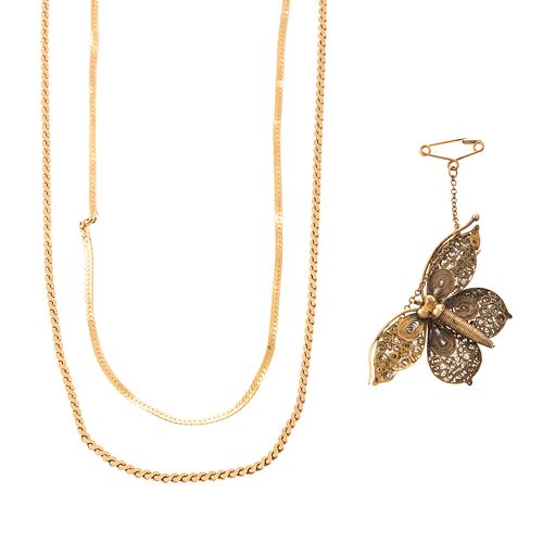 A Butterfly Brooch & Two Gold Chains in 14K