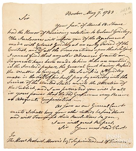John Hancock unsigned letter to Robert Morris