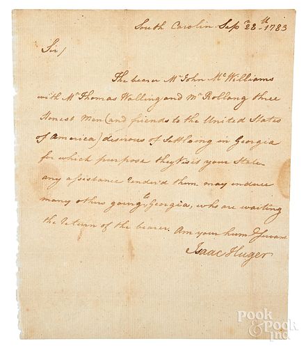 Revolutionary War signed letter from Isaac Huger