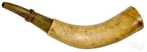 Very good scrimshaw powder horn, early 19th c.