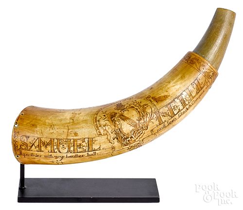 French and Indian War scrimshaw powder horn, 1758