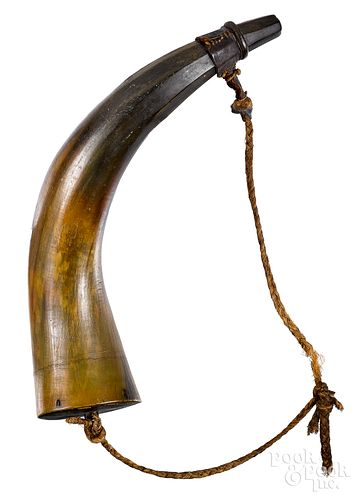 British scrimshaw naval powder horn, early 19th c