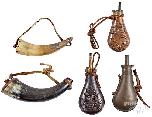 Five powder horns and flasks, 19th/20th c.