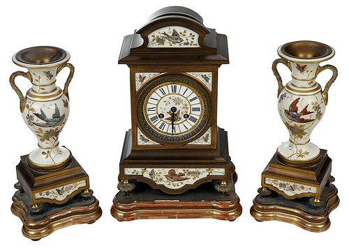 Japy Freres Bronze and Enamel Clock Garniture