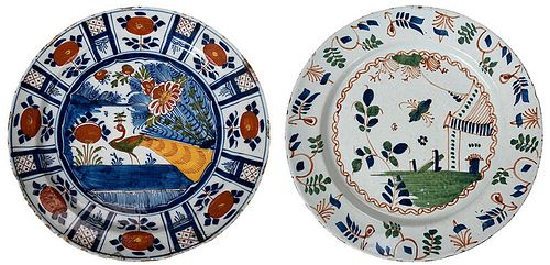 Two Polychrome Decorated Delftware Chargers
