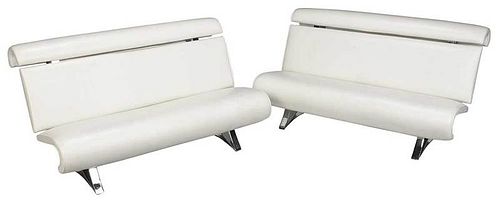 Pair Modern White Upholstered Chrome Sofas