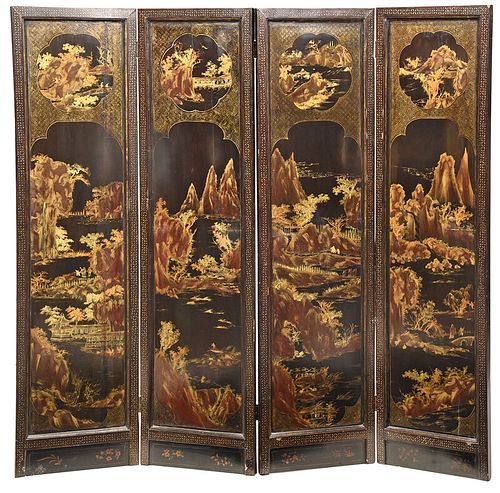 Chinese Export Lacquered Four Panel Room Screen