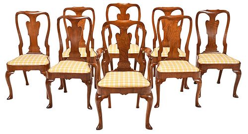 Eight Queen Anne Style Walnut Dining Chairs