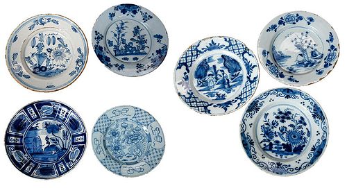 Seven Blue and White Decorated Delftware Plates