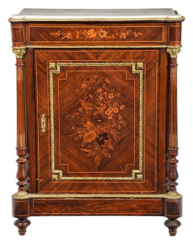 French Marquetry Inlaid Marble Top Cabinet