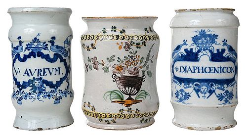 Three Delftware and Majolica Apothecary Jars