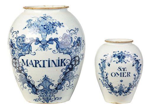 Two Blue and White Decorated Delft Tobacco Jars