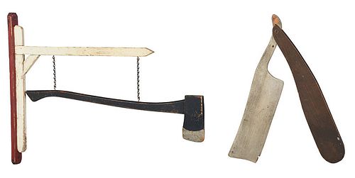 Two American Trade Signs, Ax and Straight Razor